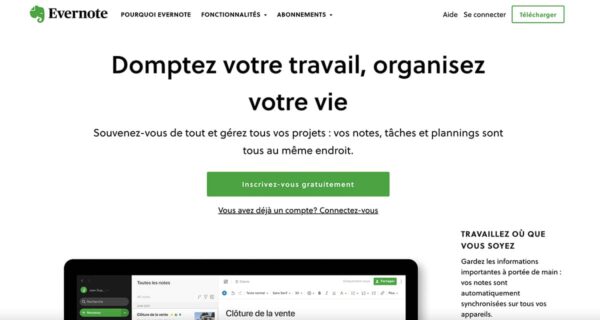 Page d'accueil Evernote