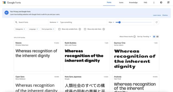 Page d'accueil Google Fonts